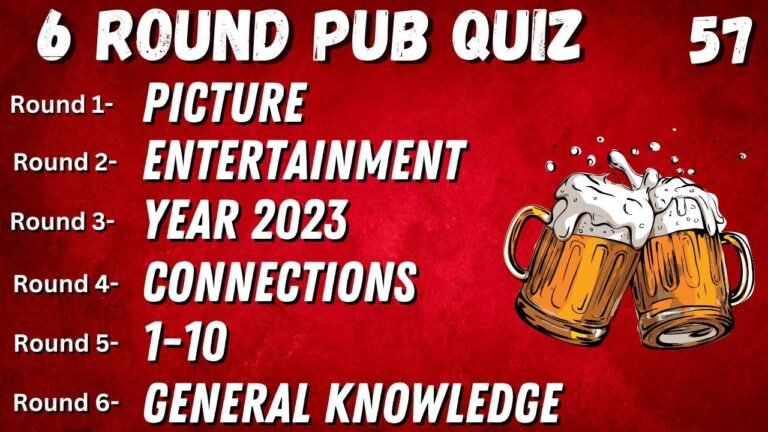 “Virtual Pub Quiz with 6 Rounds: Picture, Entertainment, Year 2023, 1-10, and General Knowledge Connections, containing 57 questions.”